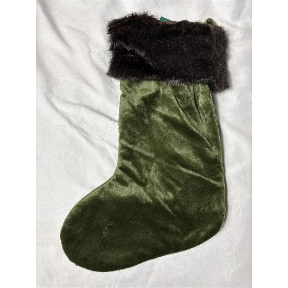 NEW OLIVE GREEN CHRISTMAS STOCKING BROWN FAUX FUR CUFF 18